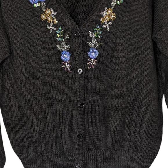 VTG 90s Floral Beaded V Neck Button Front Cardigan Sweater Cottagecore Grandma L - Picture 4 of 10